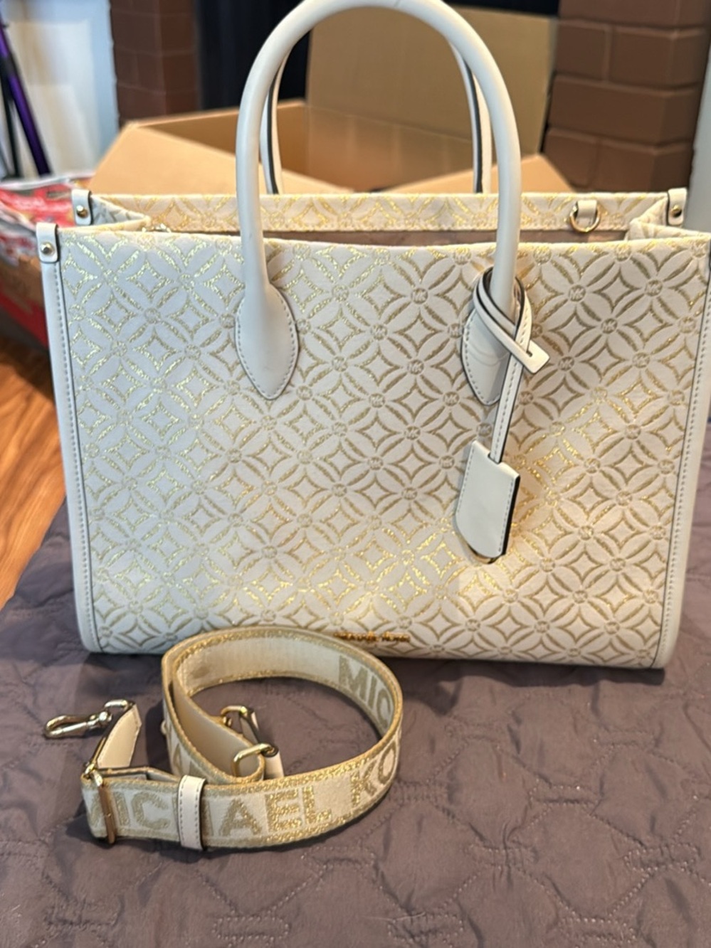 Michael Kors Cream & Gold Satchel with Logo Strap